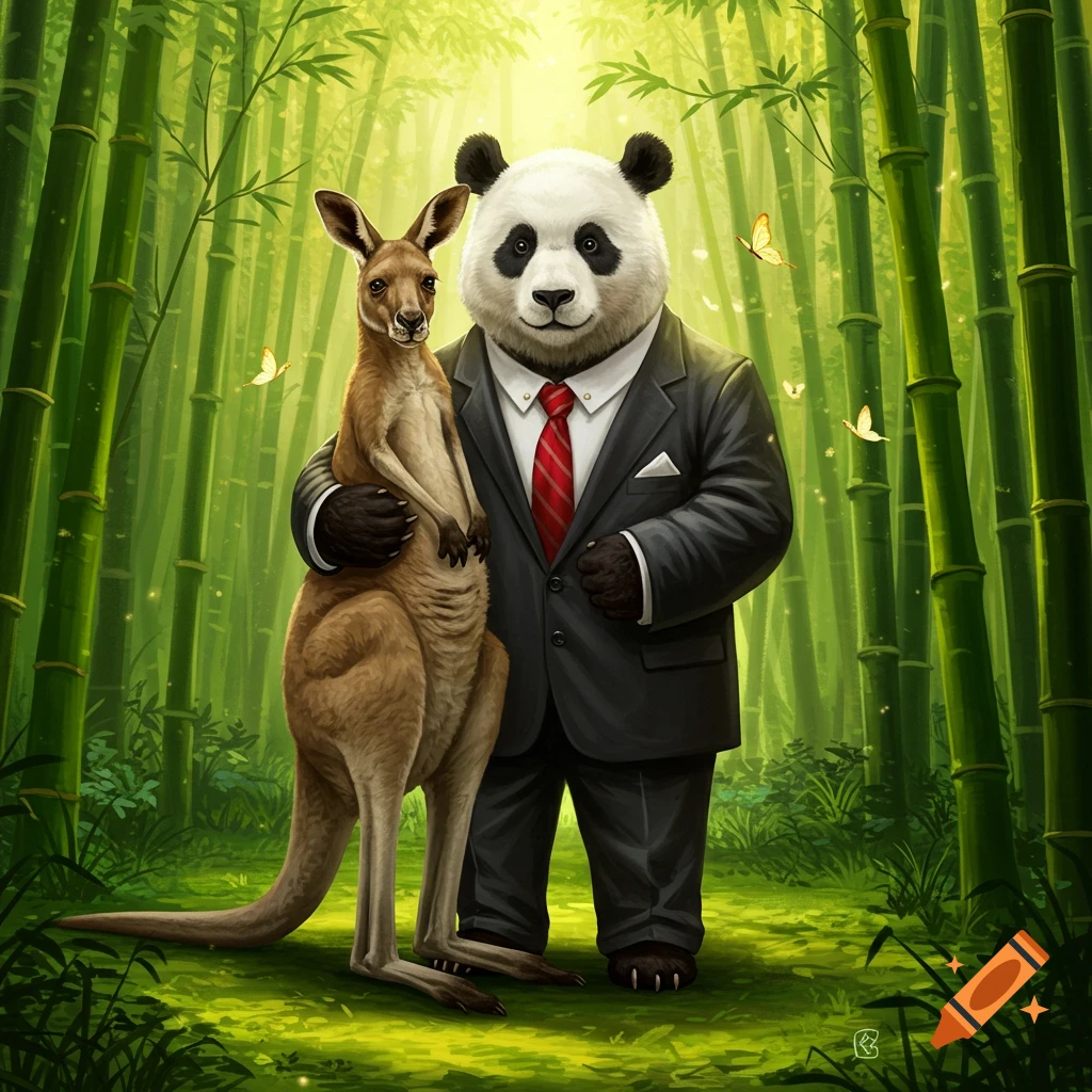 A panda in a business suit gently holds a kangaroo in a lush bamboo forest with butterflies.