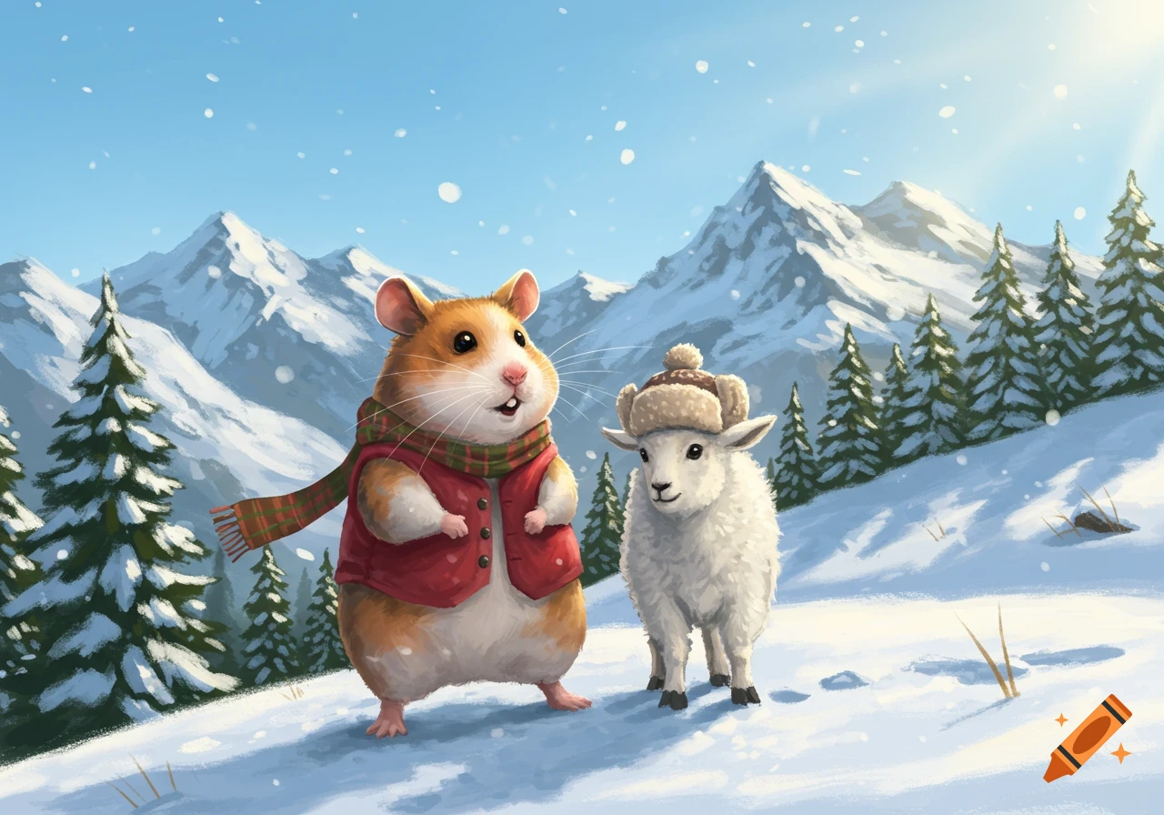 A cute hamster in a red vest and scarf stands with a lamb in a wool hat in a snowy mountain landscape, digital art style.