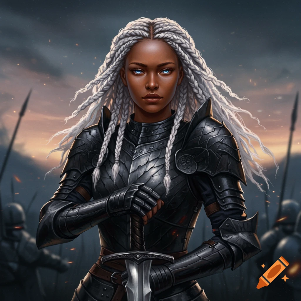 A female warrior with white braided hair, ice blue eyes, and black dragon armor holds a sword on a battlefield at dusk.