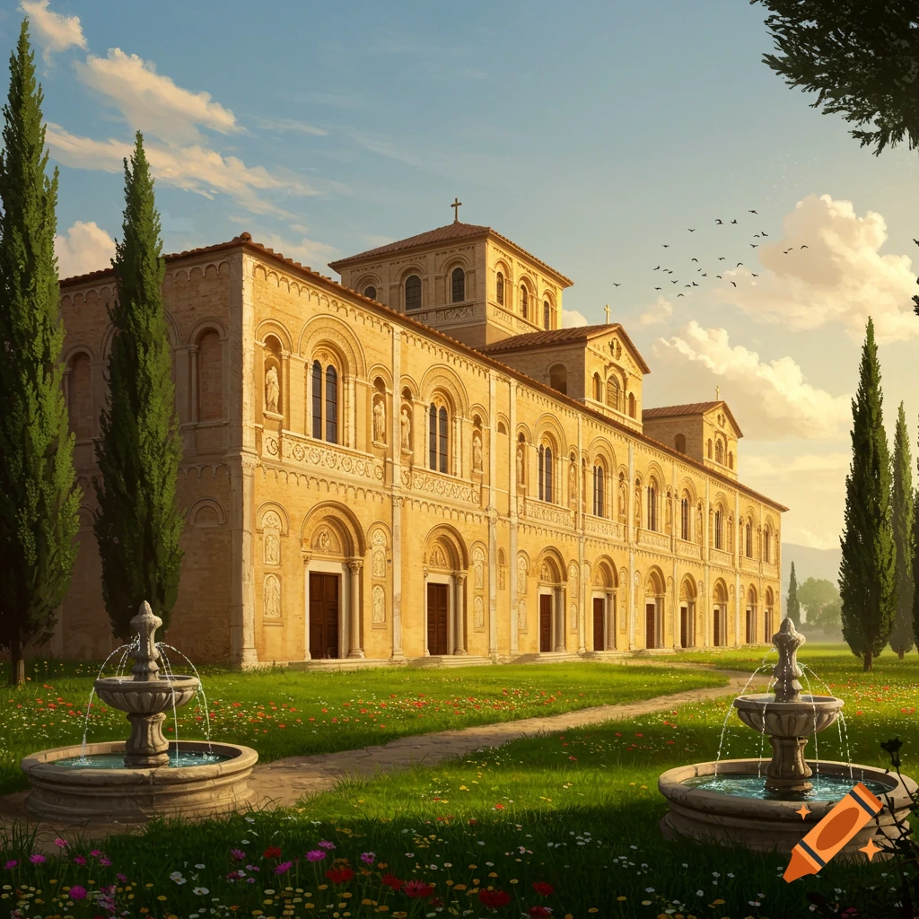 A grand basilica-style building with arched windows and a tiled roof, flanked by tall cypress trees, overlooks a vibrant green garden with two stone fountains under a sunny sky.