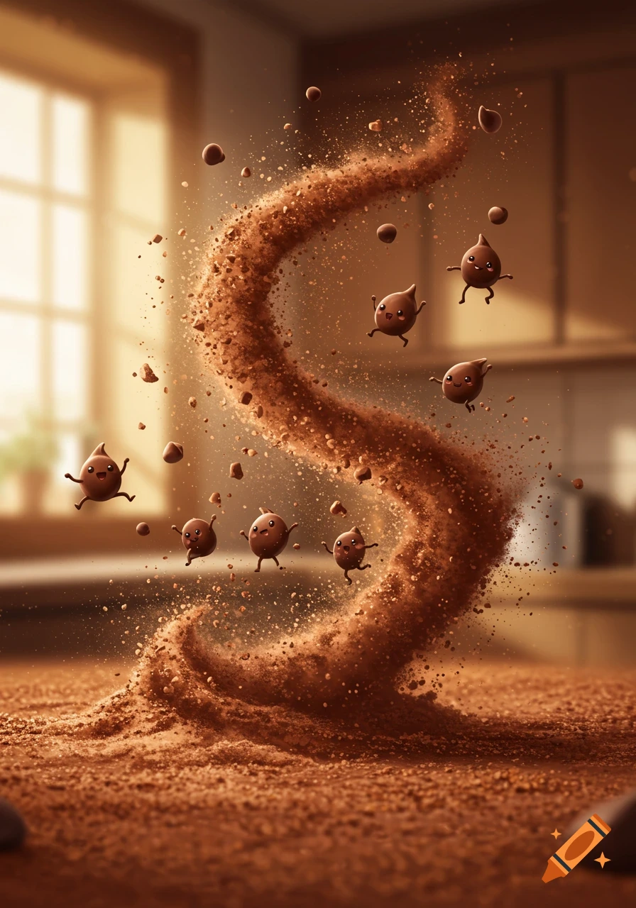 A swirling tornado of chocolate powder with cute animated chocolate droplets dancing around it in a kitchen setting.