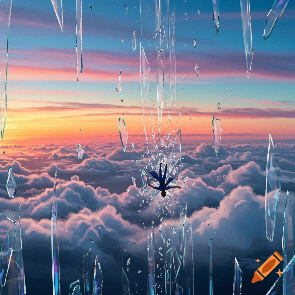 A stylized figure falls through shattered glass high above clouds at sunset.