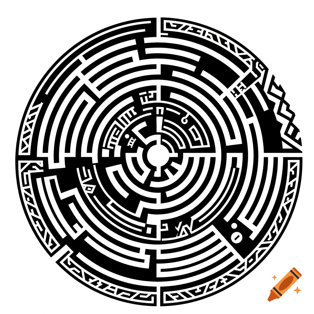 A black and white circular maze with intricate Maori tattoo patterns.
