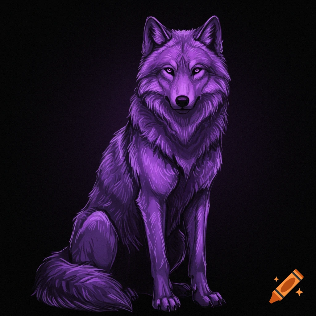 A full-body purple wolf sits on a black background, looking straight ahead in a mysterious, sketched style.