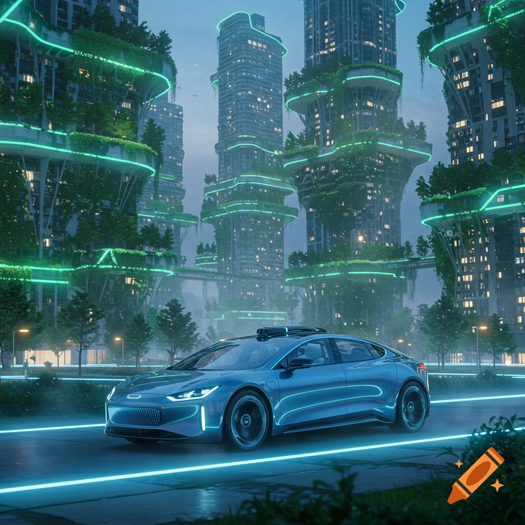 A sleek blue autonomous car drives on a road with neon lights, set against a backdrop of a futuristic cityscape with plant-covered skyscrapers.