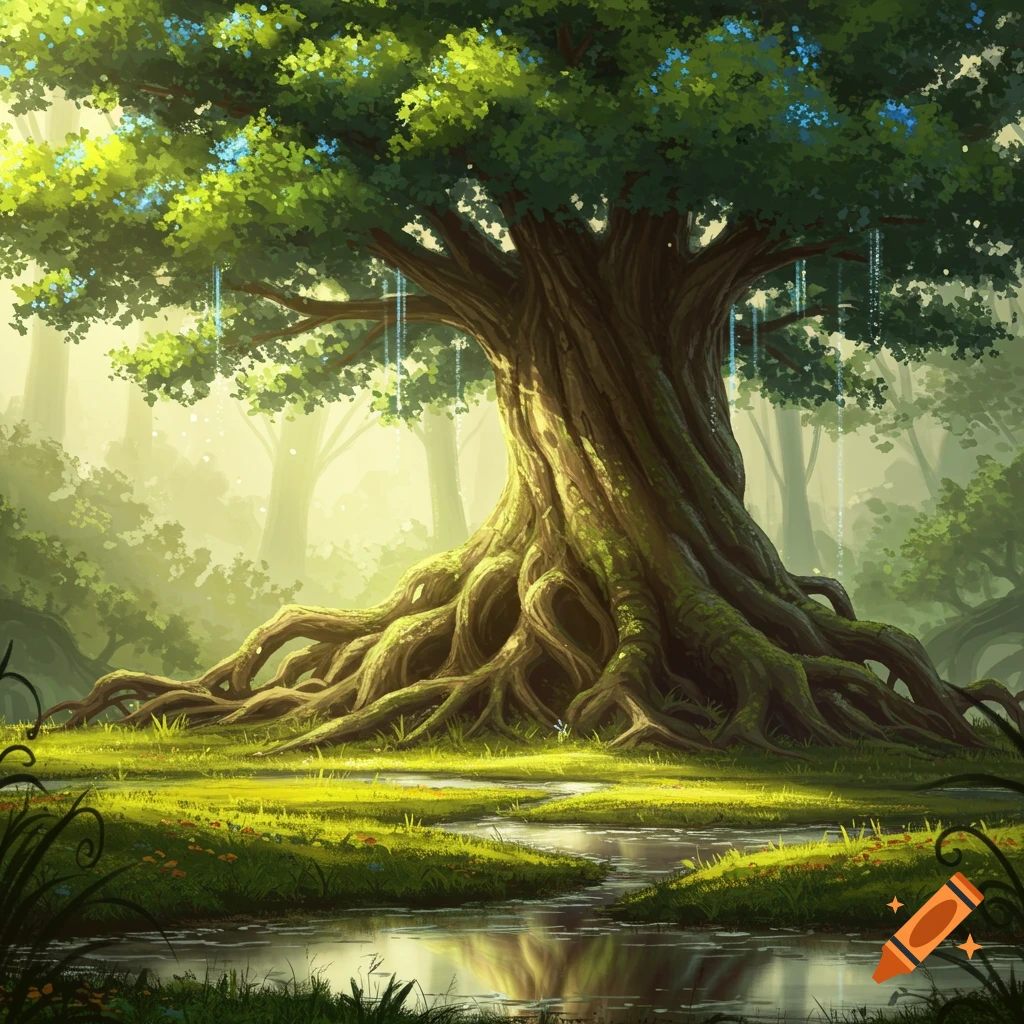 Vibrant fantasy art of a massive ancient tree with sprawling roots, lush green foliage, mossy ground, and a stream in a magical forest.