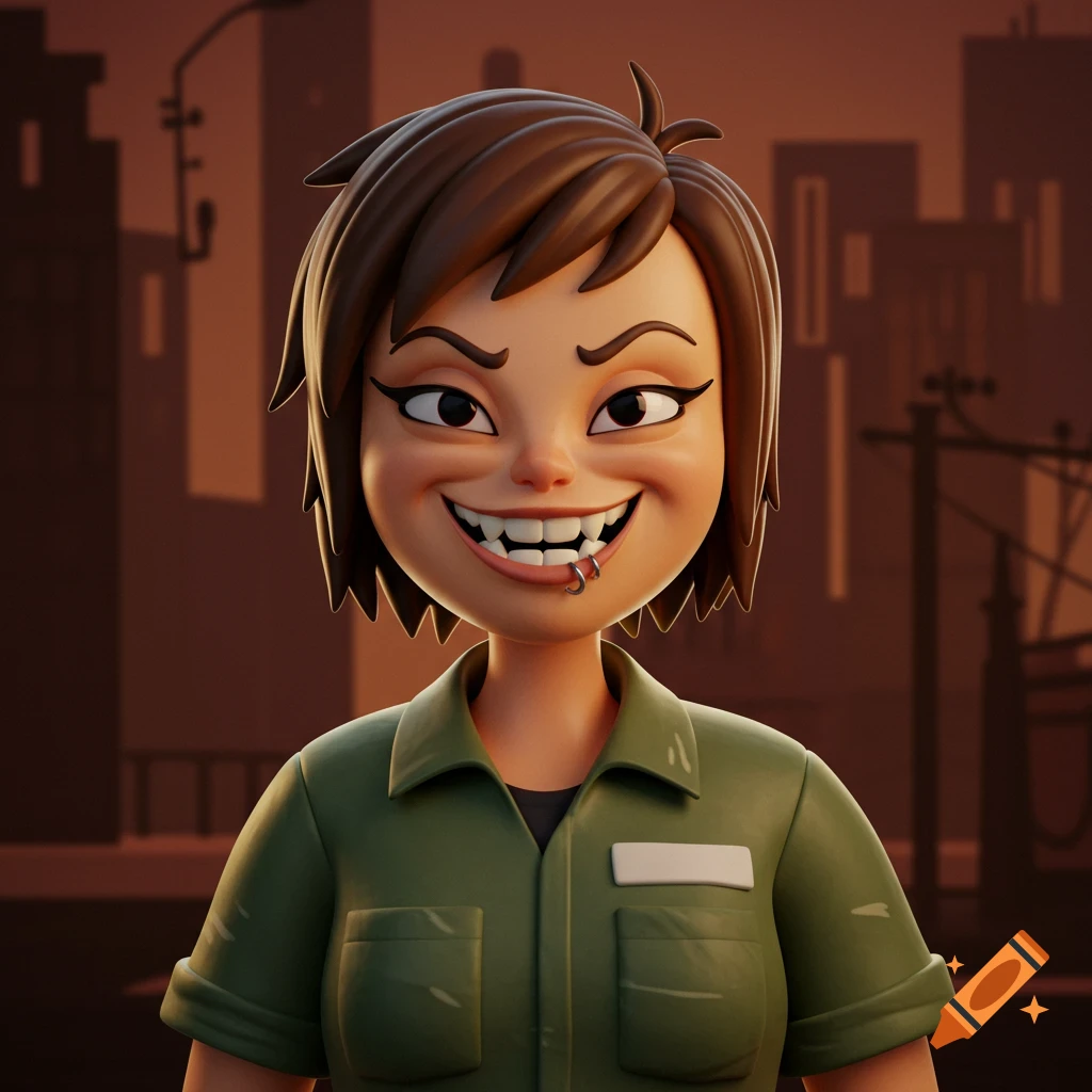 Stylized 3D render of a cartoon woman with short brown hair, sharp teeth, and a lip ring, wearing a green shirt.