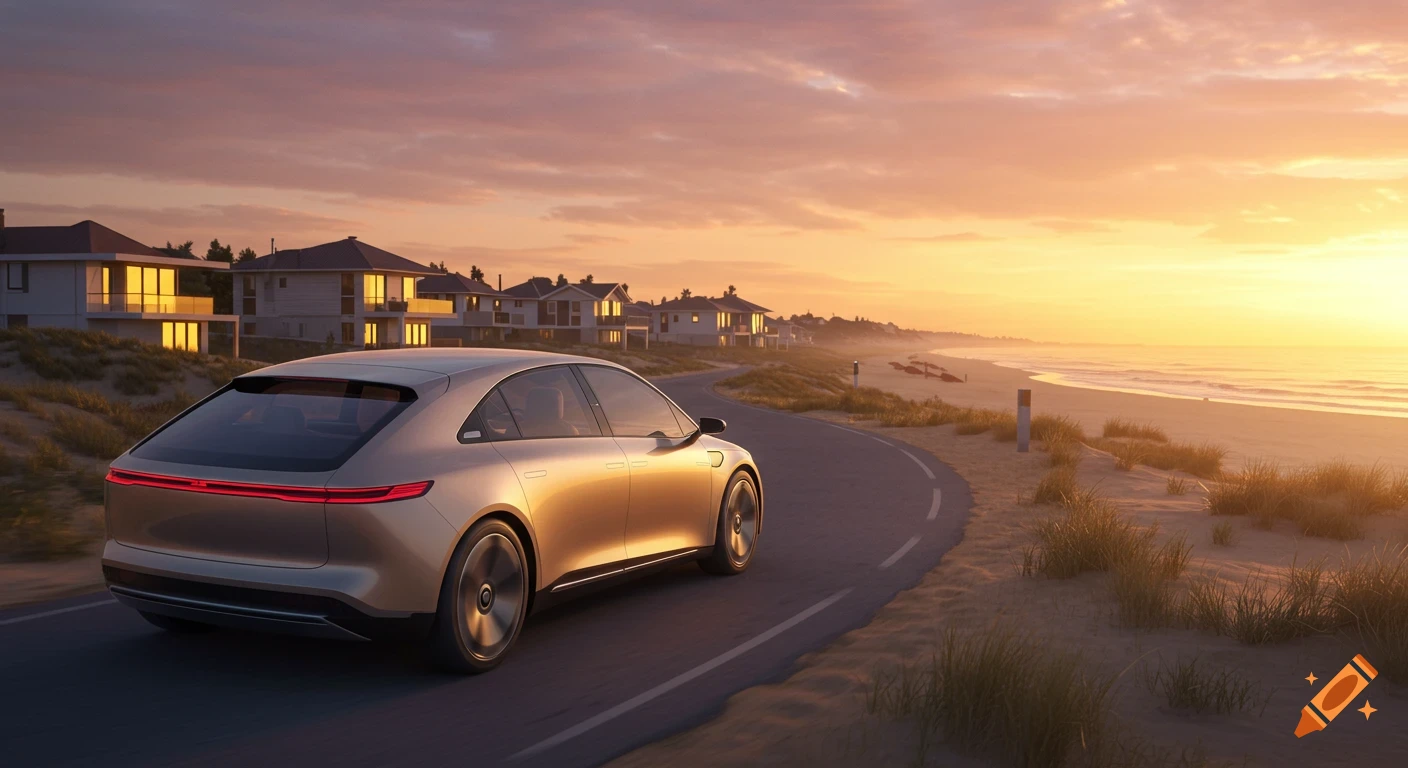 A sleek, beige car drives on a coastal road past modern houses and a beach at sunset, with a vibrant sky.
