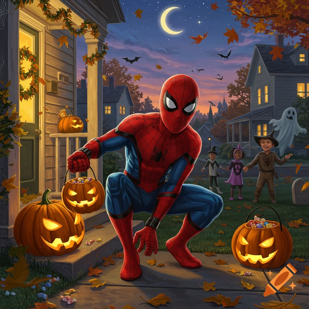 Spider-Man crouches on a sidewalk holding a pumpkin candy bucket on Halloween night, with costumed children and glowing pumpkins nearby, illustration.