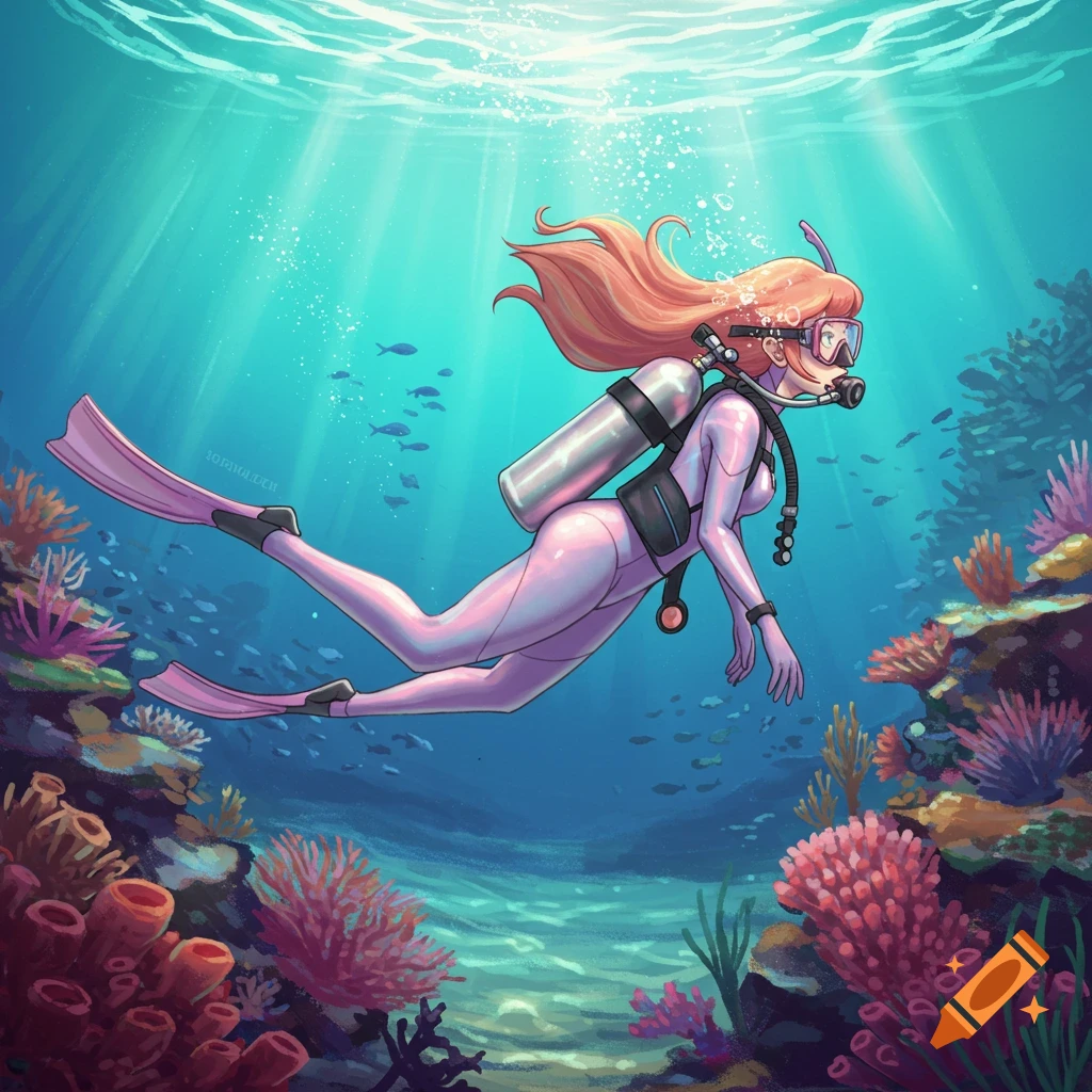 Anime woman in pink wetsuit, mask, and fins scuba diving among colorful coral and fish in clear blue water with sun rays.