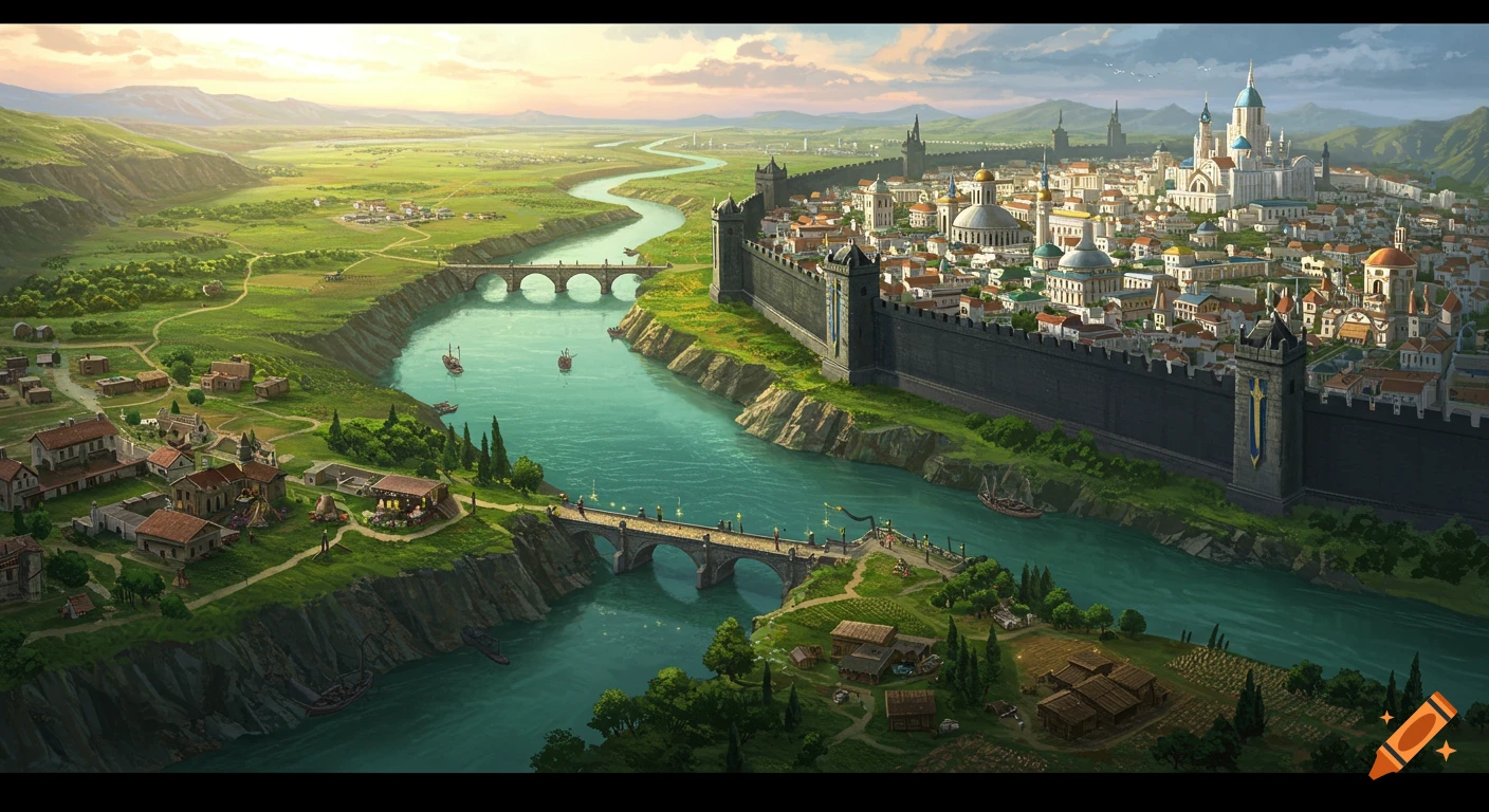 A vibrant fantasy cityscape with white buildings and a dark wall, alongside a wide turquoise river with stone bridges through green valleys.