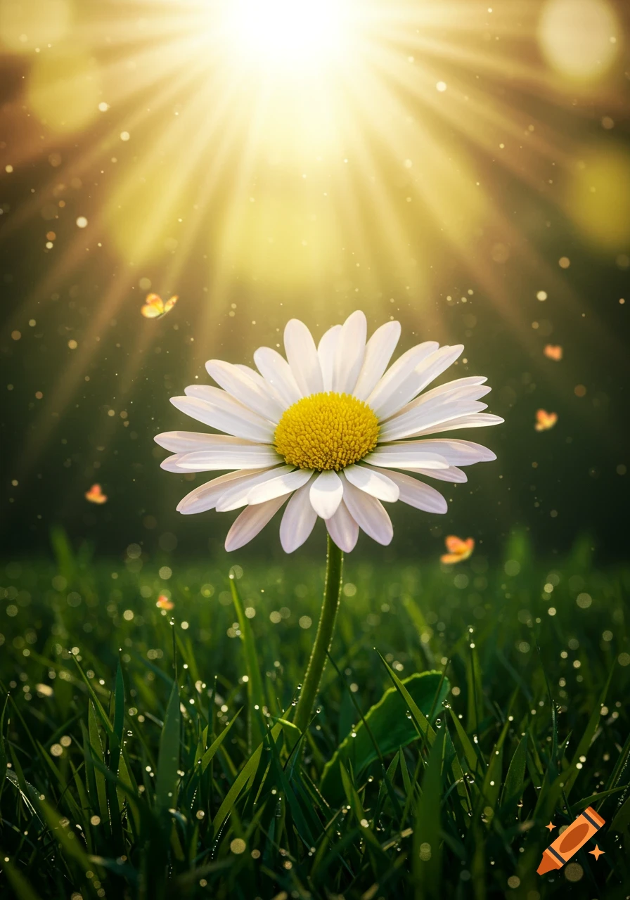 A vibrant white daisy with a yellow center stands in a dewy green field under bright sunrays, with small butterflies fluttering.