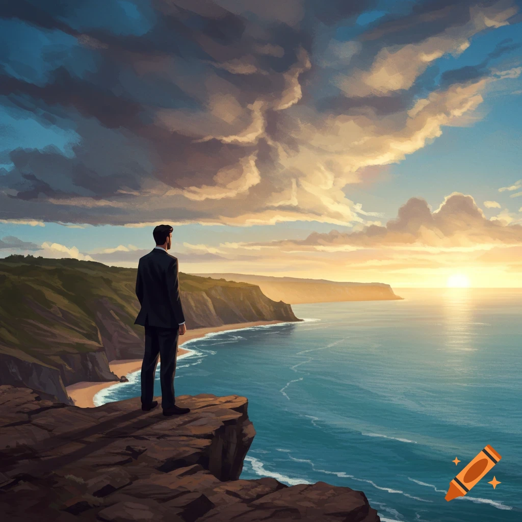 Illustrative painting of a man in a suit on a cliff overlooking a coastal sunset.