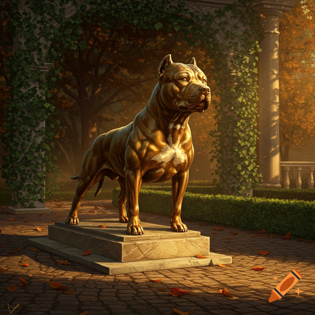 A photorealistic bronze statue of a powerful Pitbull dog stands on a stone pedestal in a sunny autumn garden.