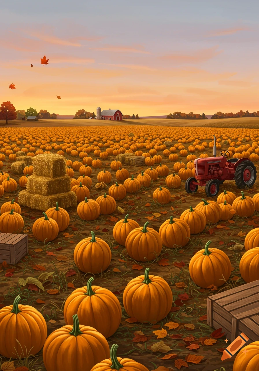 An autumn pumpkin farm at sunset, with a red tractor and barn in the distance, hay bales, and falling leaves.