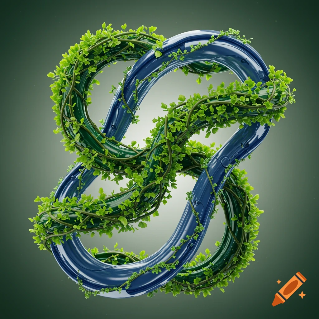 Abstract 3D render of glossy blue tubes intricately intertwined with vibrant green vines and leaves.