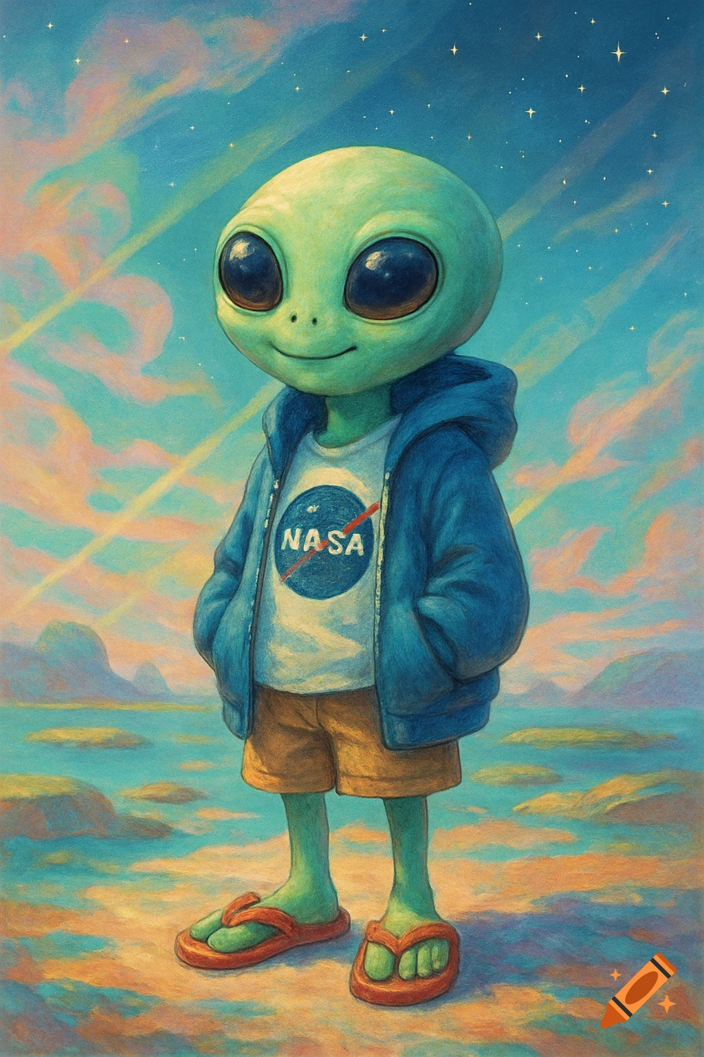 Cute green alien wearing a blue hoodie, NASA t-shirt, tan shorts, and red flip-flops under a starry, colorful sky.