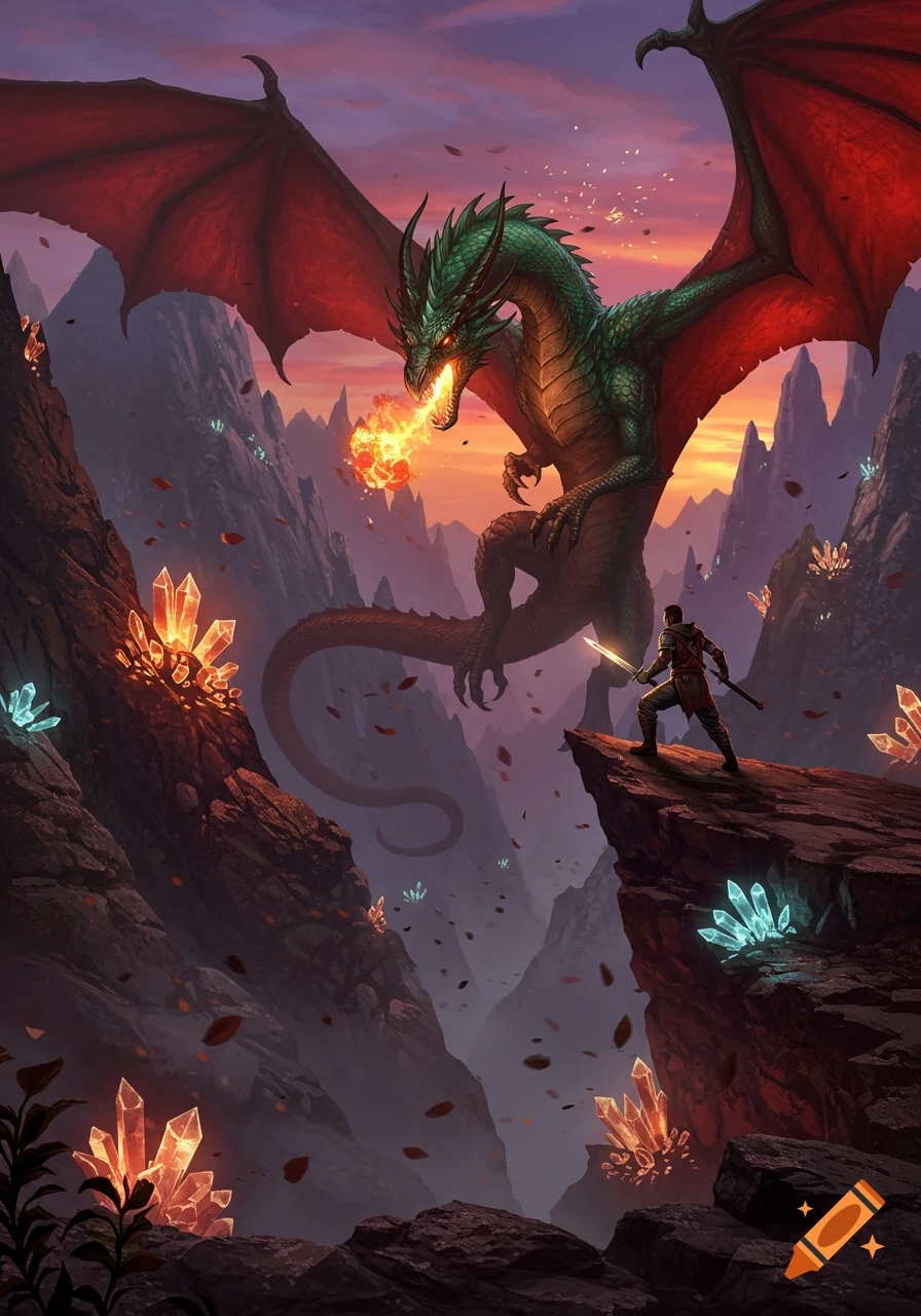 A green dragon breathes fire at a man with a sword on a cliff amid glowing crystals, under an epic sunset sky.