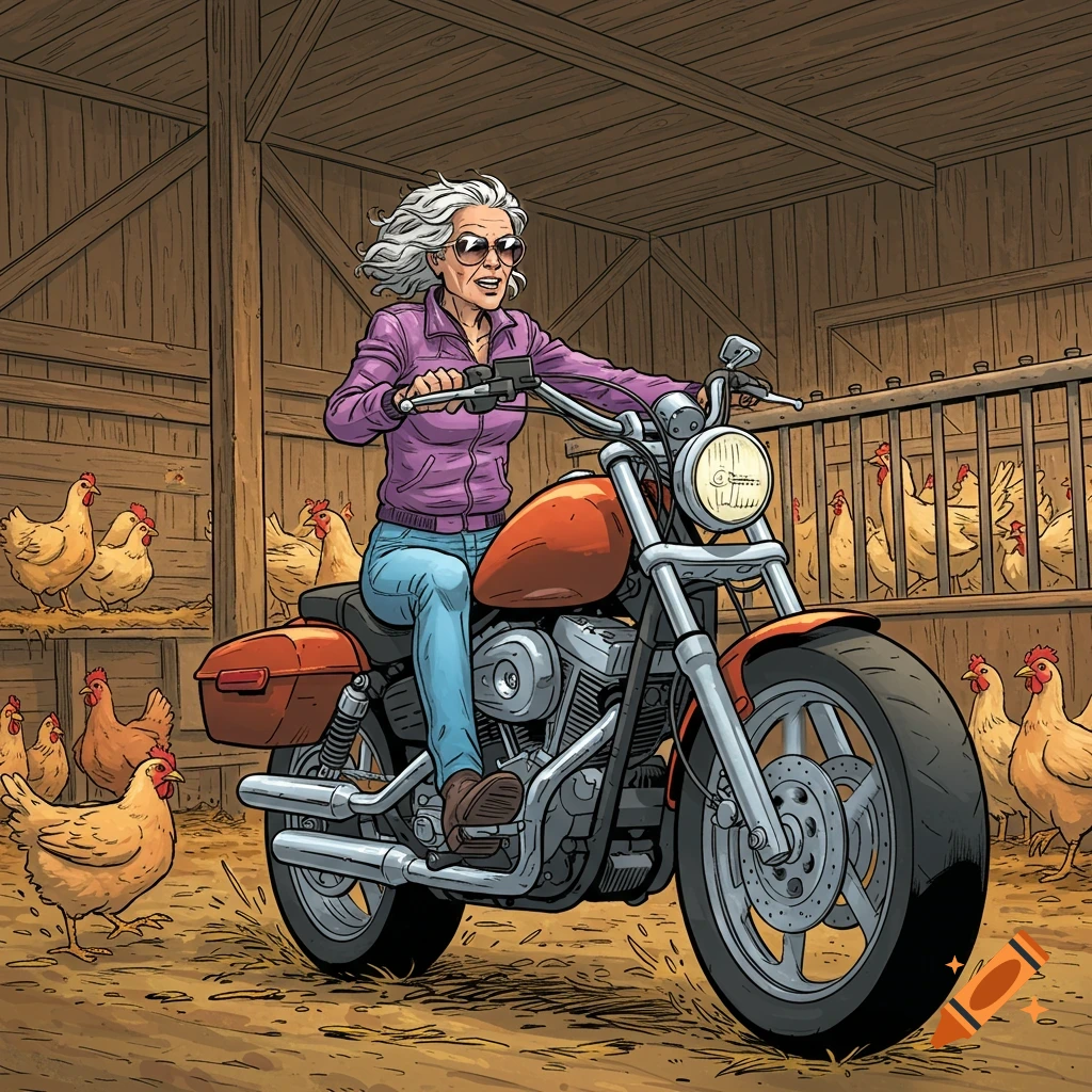 Comic art of an older woman in sunglasses riding a motorcycle inside a barn with chickens.