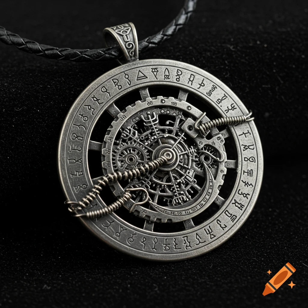 A detailed, circular silver metal pendant with intricate gears, mystical symbols, and wire wrapping on a black leather cord.
