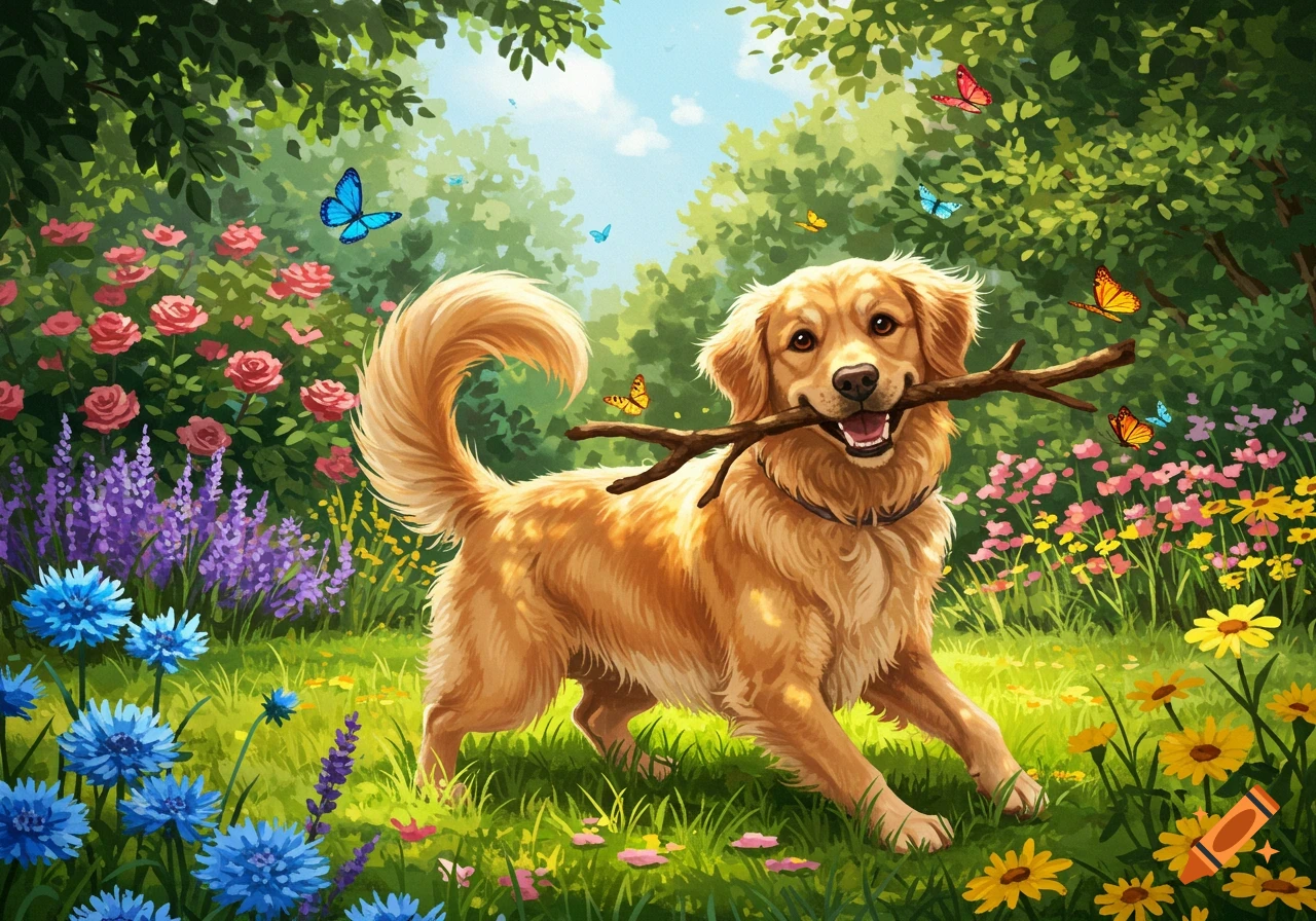 A happy golden retriever plays with a stick in a vibrant, flower-filled garden with colorful butterflies.
