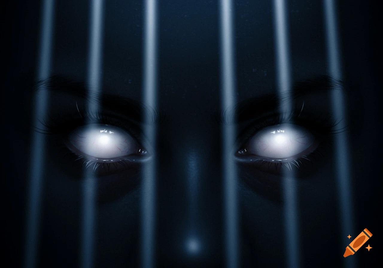 Eerie close-up of glowing white eyes behind dark vertical bars, evoking a sense of mystery.