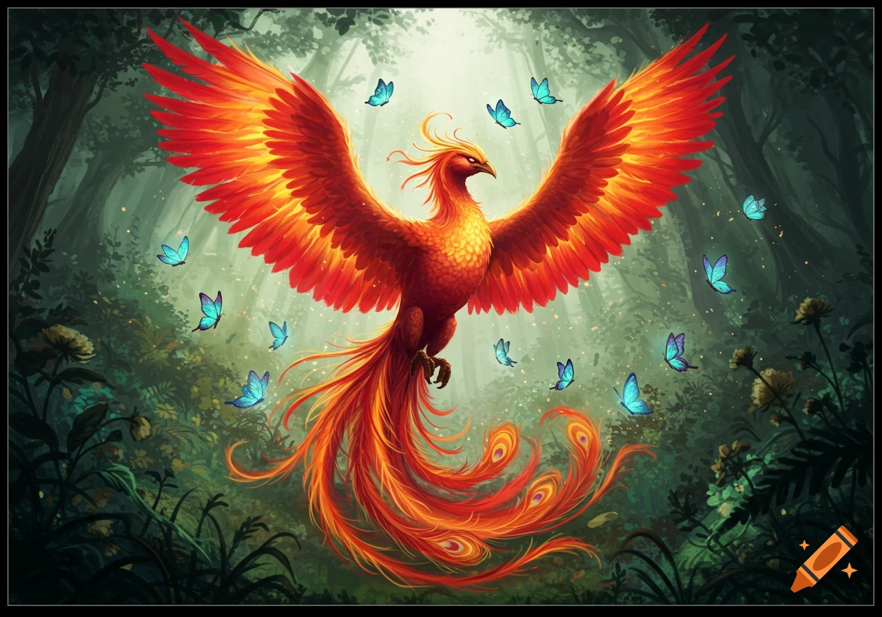 Vibrant illustration of a majestic phoenix with fiery wings soaring through an ethereal forest, surrounded by glowing blue butterflies.