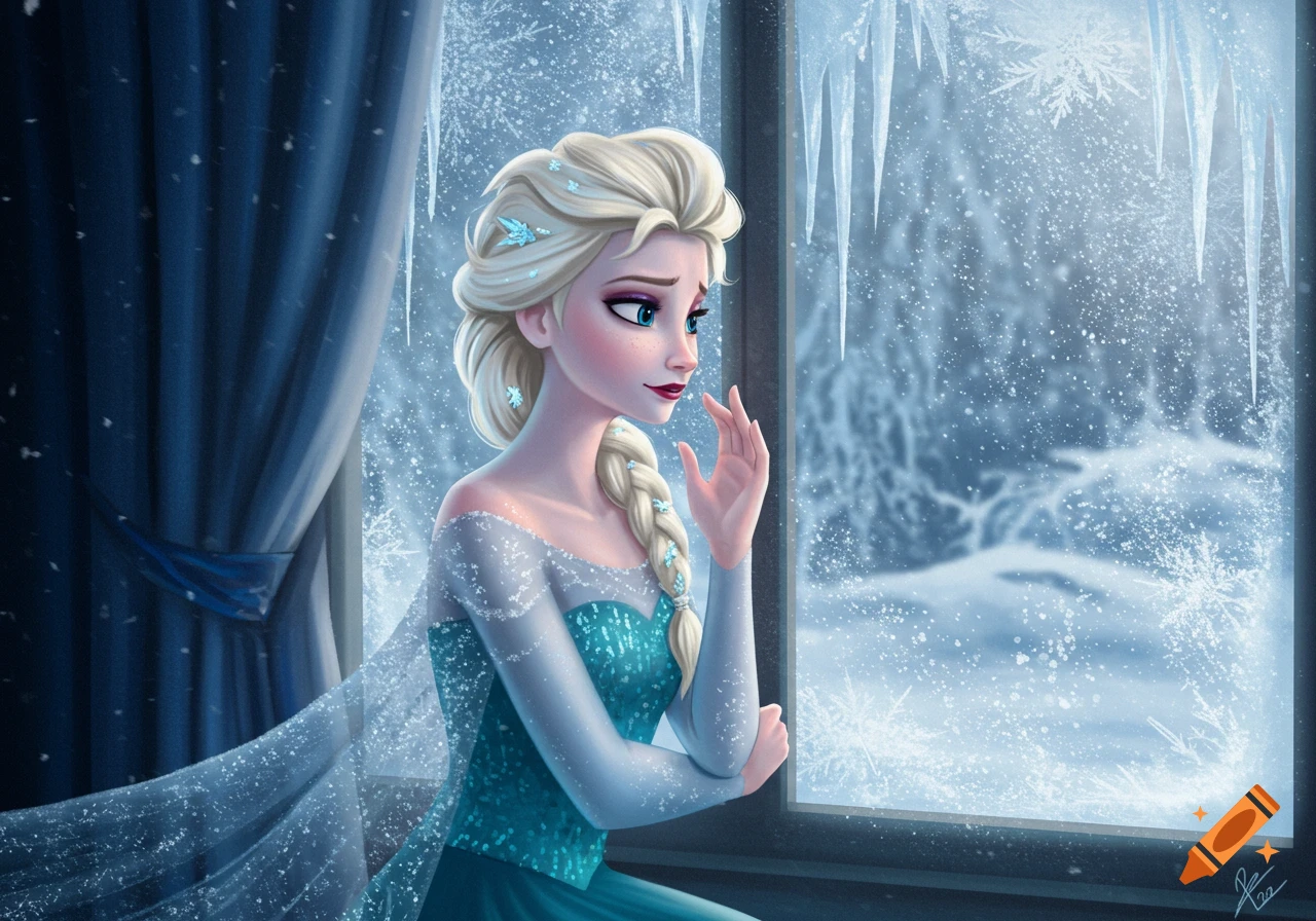 Elsa from Frozen, a digital illustration, looks sadly out a window at a snowy, icy winter wonderland.