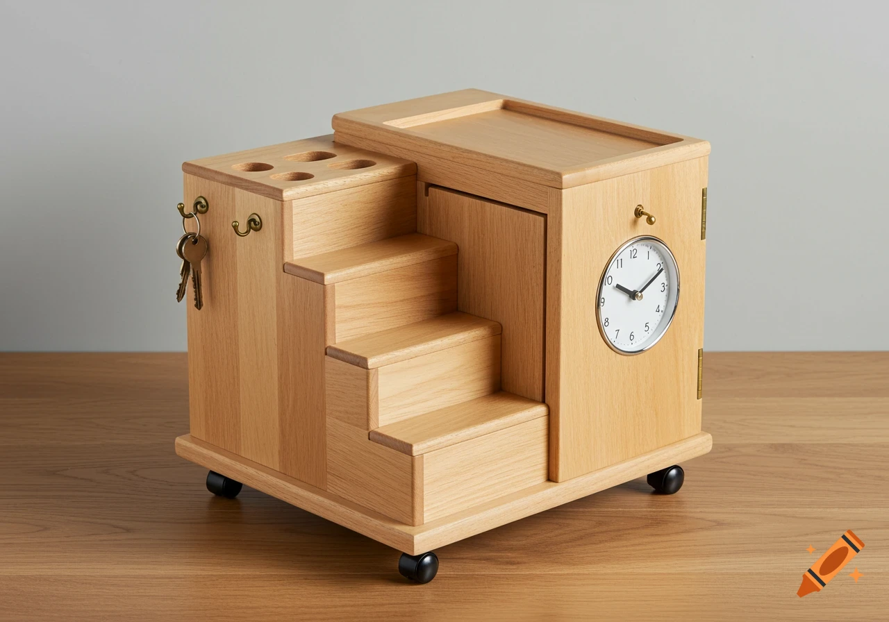 A wooden step-shaped desk organizer with key hooks, a clock, and storage compartments, on a wooden surface.