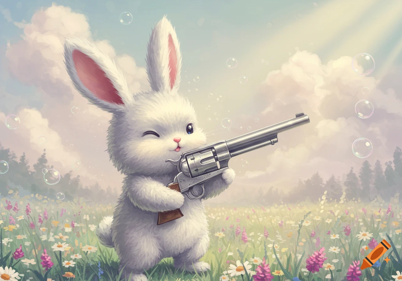 A cute, fluffy white bunny winks while holding a silver revolver, standing in a field of colorful wildflowers under a sunny sky with bubbles.