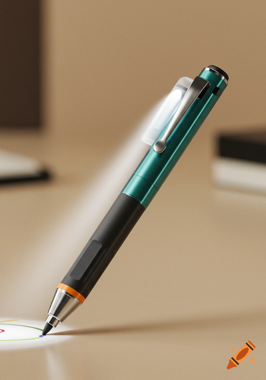 Photorealistic close-up of a teal and black multi-pen with a glowing tip drawing on a beige surface.