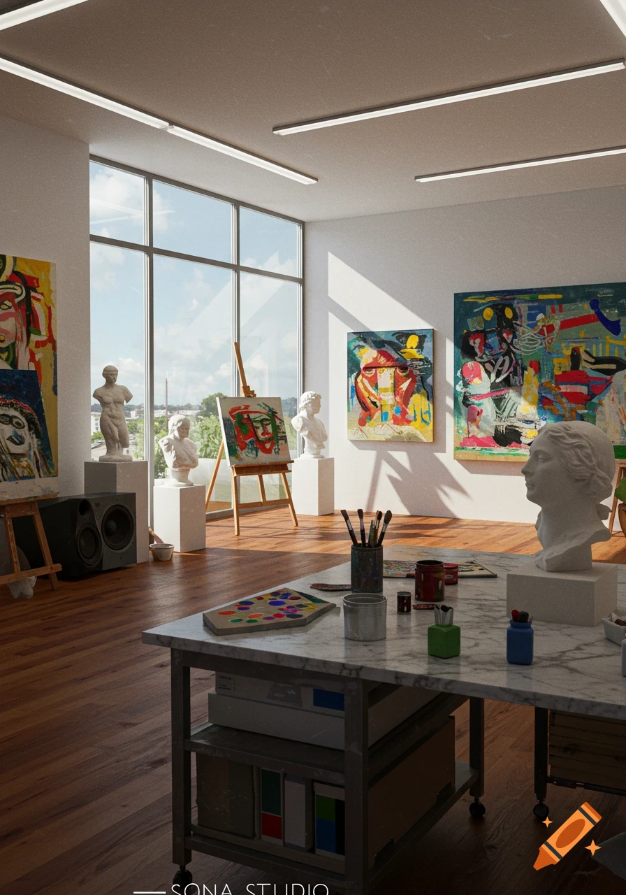 An art studio with large windows, abstract paintings, plaster busts, and art supplies on a marble table.