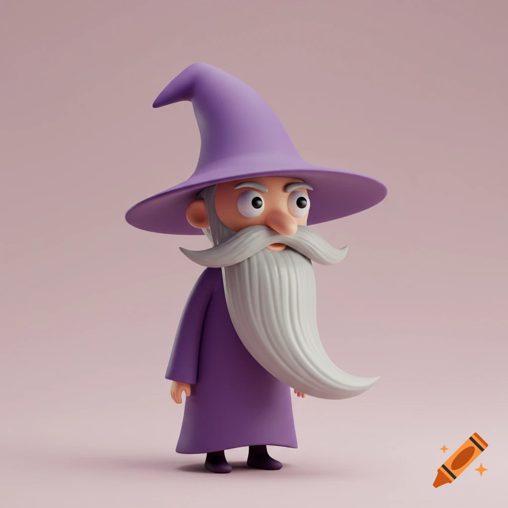A minimalistic 3D cartoon wizard in purple robes and a pointed hat, with a long white beard, big head, and small hands.
