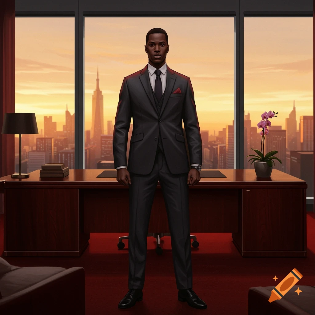A man in a dark suit stands in a modern office with a large window overlooking a sunset city skyline.