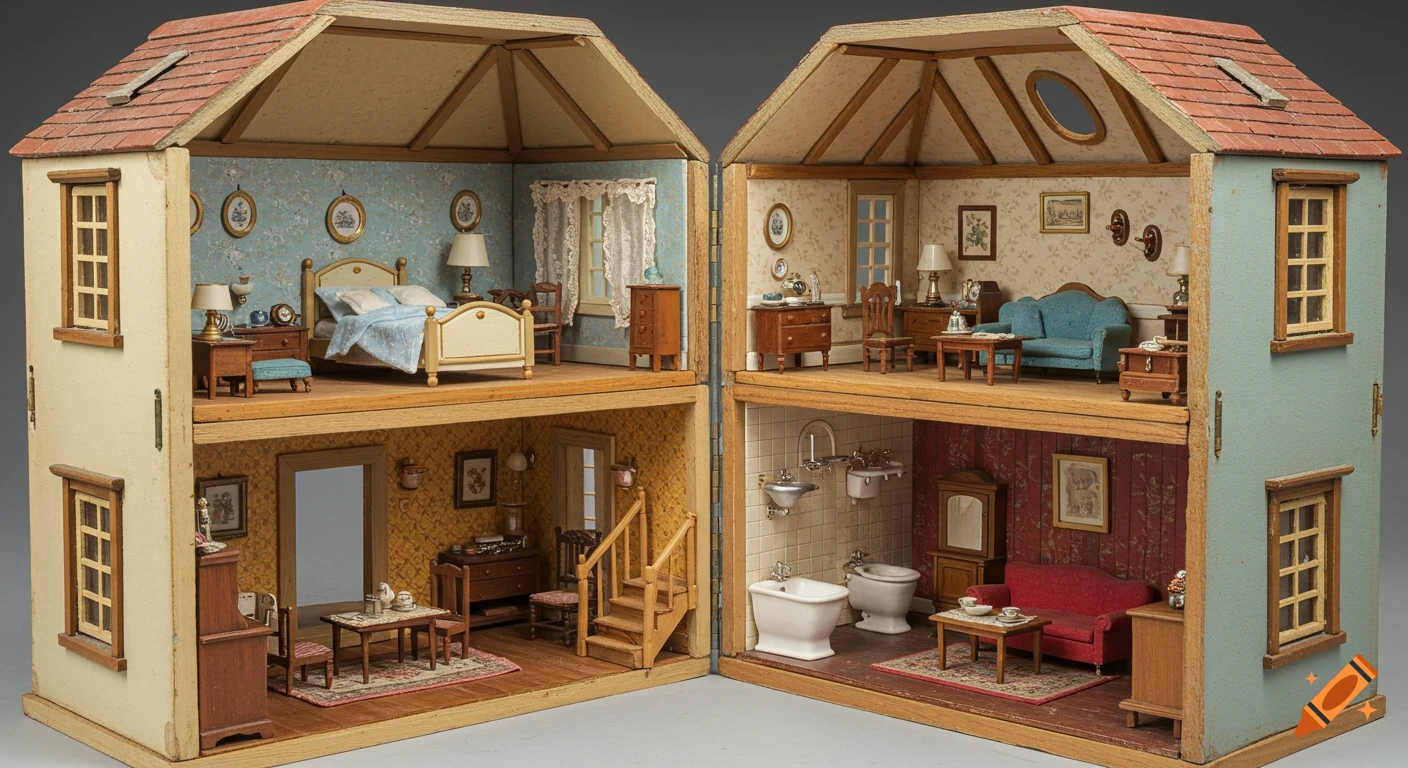Ultra-realistic photograph of a vintage dollhouse with its facade removed, revealing multiple detailed rooms: a bedroom, living room, bathroom, and dining area.
