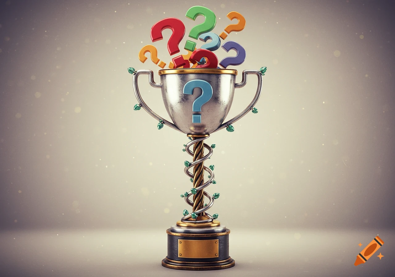 A stylized silver trophy filled with colorful 3D question marks, with green vines wrapped around its stem and base.