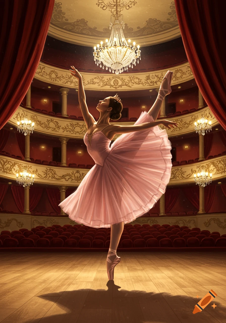 A ballerina in a pink tutu poses gracefully on a wooden stage in a grand red and gold theater under sparkling chandeliers.