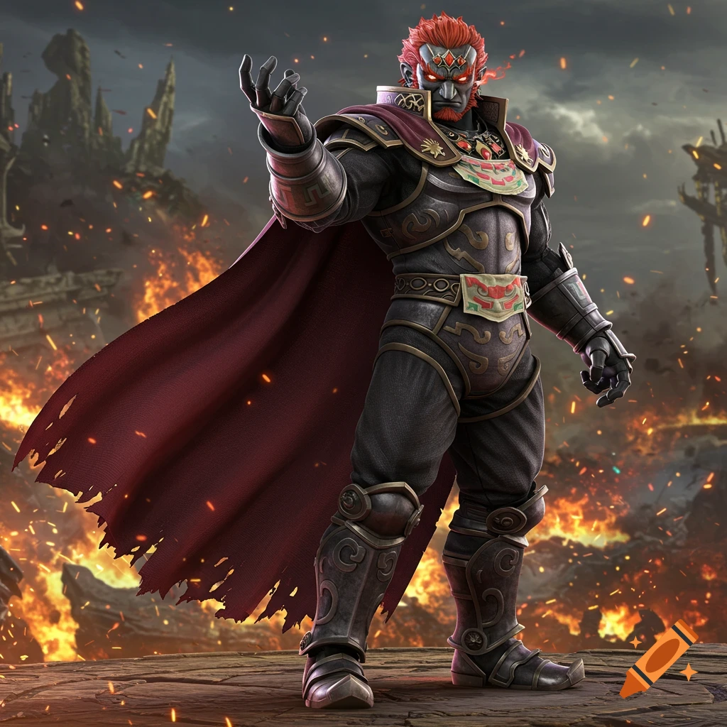 Ganondorf, a dark fantasy character in detailed armor and flowing red cape, stands amidst fiery ruins.