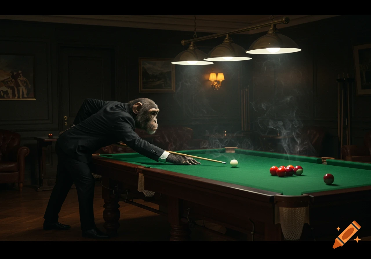 A realistic chimpanzee in a black suit plays billiards in a dark, elegant room, cue stick ready to strike the white ball.