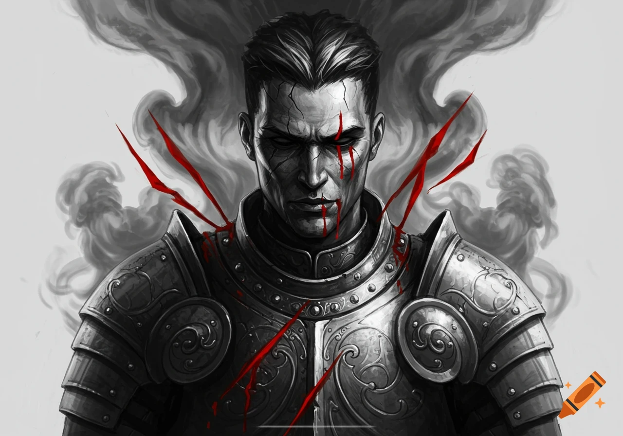 Black and white portrait of a dark knight with cracked skin, red wounds, and smoke in a dramatic art style.