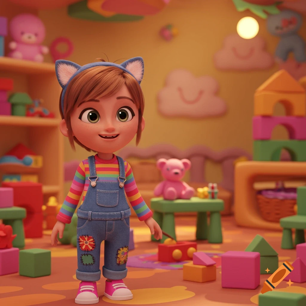 A smiling cartoon girl with cat ears, rainbow shirt, and denim overalls stands in a colorful playroom filled with blocks and stuffed animals.