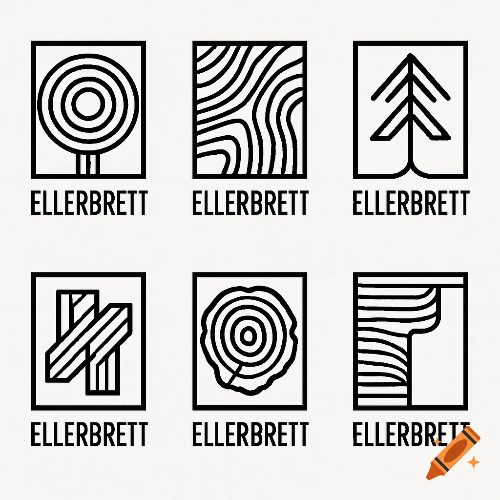 Six minimalist black and white logos for 'Ellerbrett,' each featuring abstract wood and tree-themed designs.