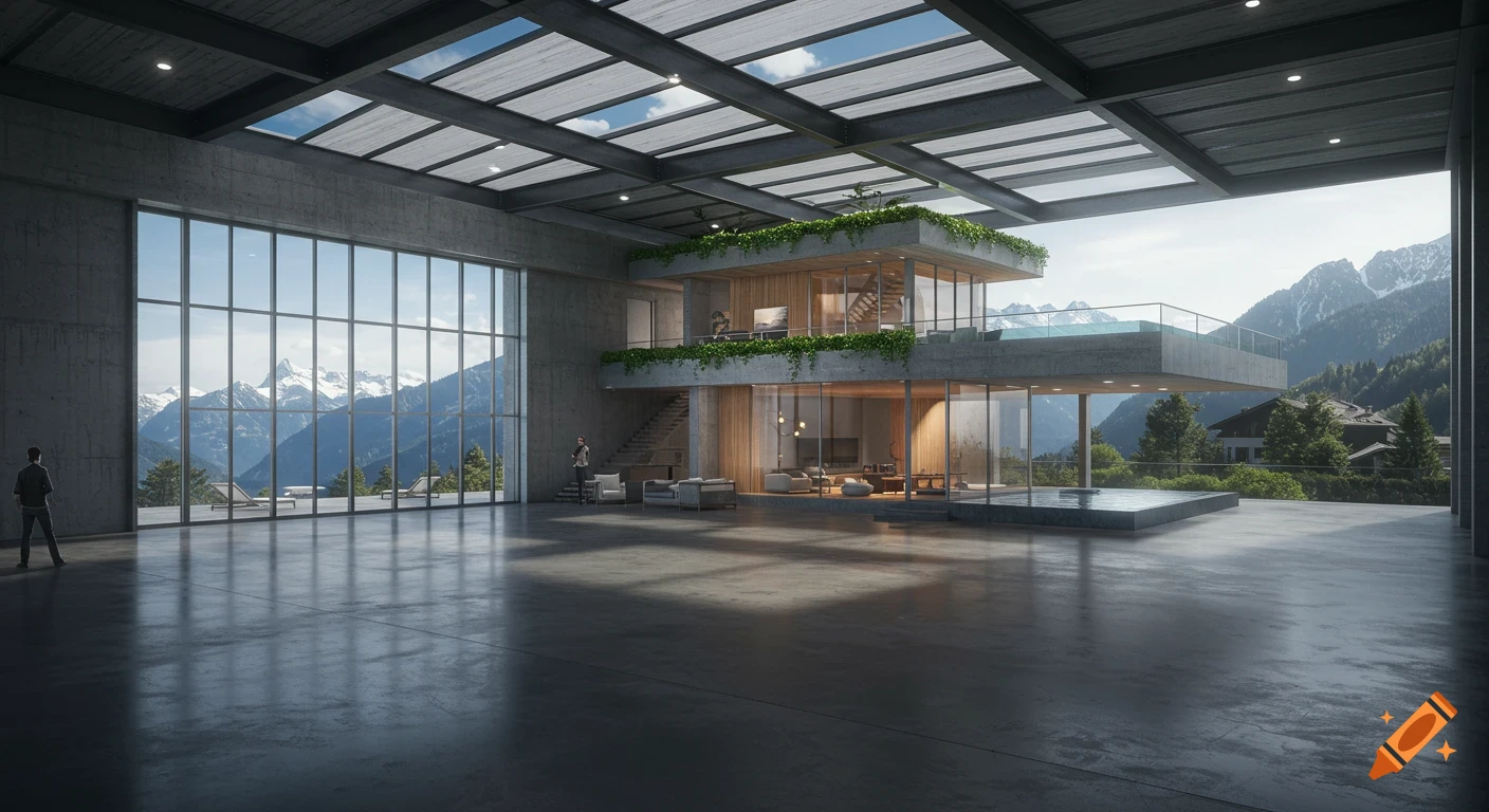 A photorealistic vast modern concrete and glass luxury mountain house with multi-level interior, greenery, and snowy mountain views.
