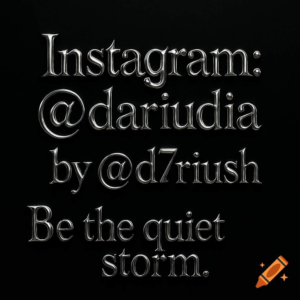 Shiny chrome metallic text on a pure black background, reading 'Instagram: @dariudia by @d7riush Be the quiet storm.'