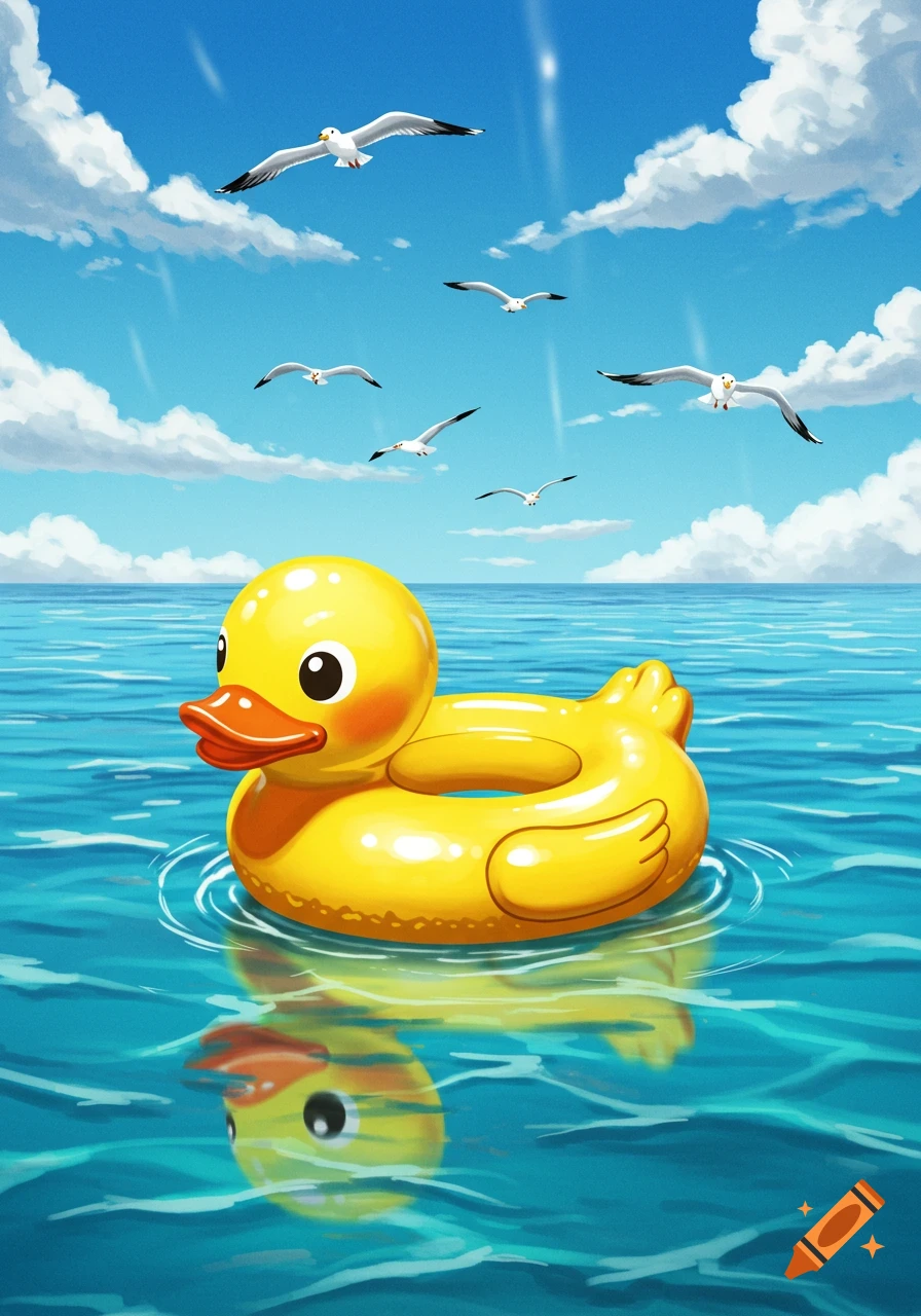 A bright yellow rubber duck life buoy floats on a blue ocean under a sunny sky with flying seagulls in a cartoonish illustration.