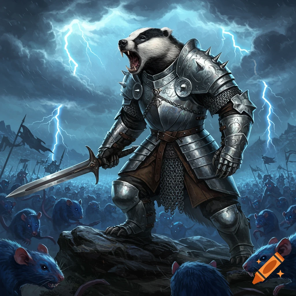 A badger in spiked armor yells, holding a sword, on a rock surrounded by an army of blue rats under a stormy, lightning-filled sky.