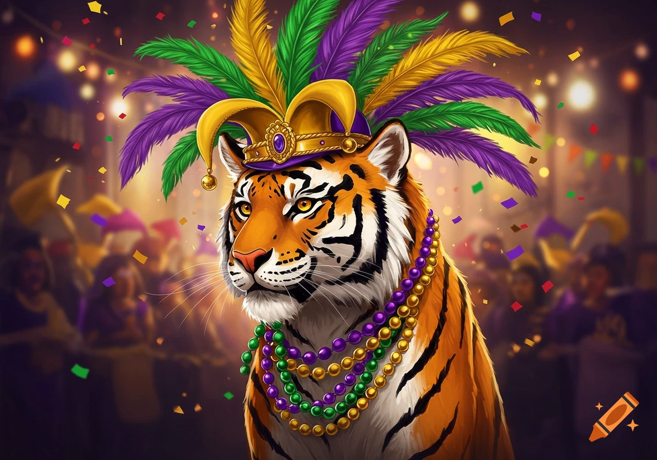 Vibrant illustration of a tiger in a Mardi Gras jester hat and colorful beads, with confetti and a blurred festive crowd in the background.