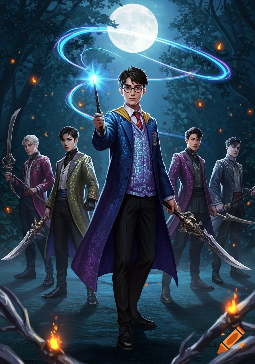 Harry Potter casts a spell in a moonlit forest, surrounded by four K-pop inspired characters holding fantasy weapons. Digital art.