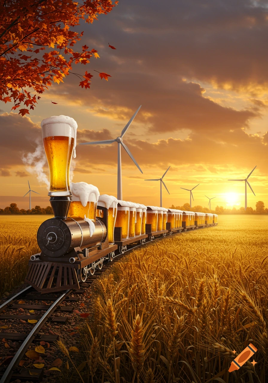 A surreal train with beer schooner cars chugs through a golden wheat field at sunset, with windmills and autumn leaves.