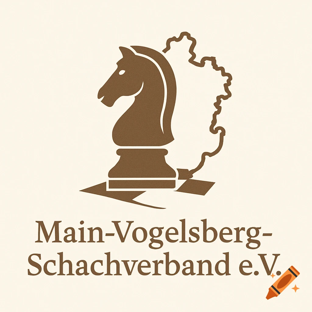 Brown logo for Main-Vogelsberg-Schachverband e.V., featuring a chess knight and a map outline on a cream background.